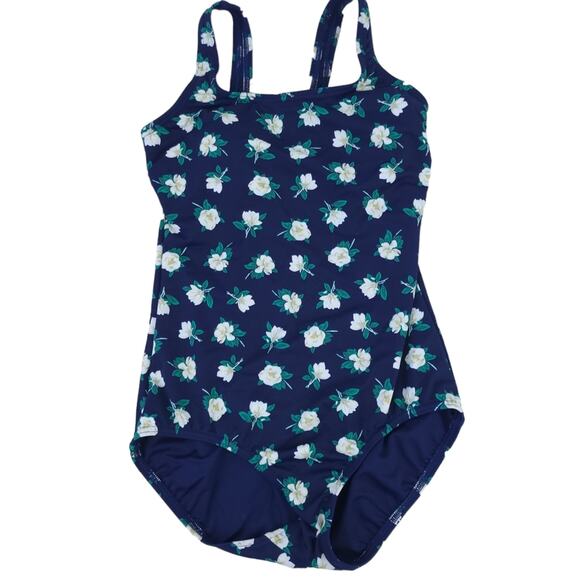Draper James x Lands End One Piece Swimsuit Sz 4 Deep Sea & White Magnolia - Picture 2 of 5